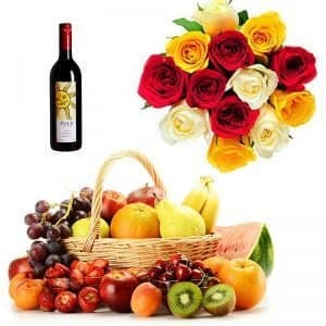Sula Red Wine with Mix Roses n Fruit Basket